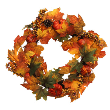 18" Artificial Fall Maple Leaf with Berries and Gourds Wreath Wreaths ArtificialFlowers